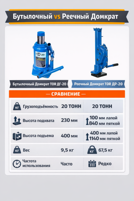 сравнение бутылочного и реечного домкрата таблица отличий