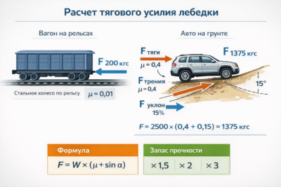 Расчет тягового усилия лебедки для автомобиля на грязи и вагона на рельсах